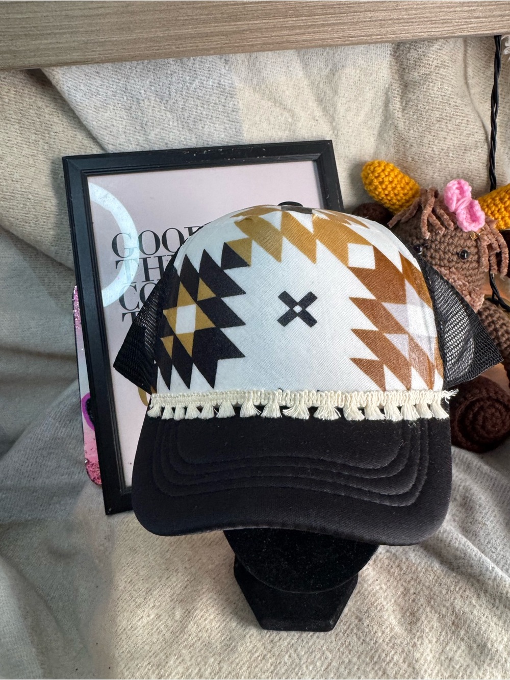 Fringe Tribal Print Trucker Hat - Black & Brown